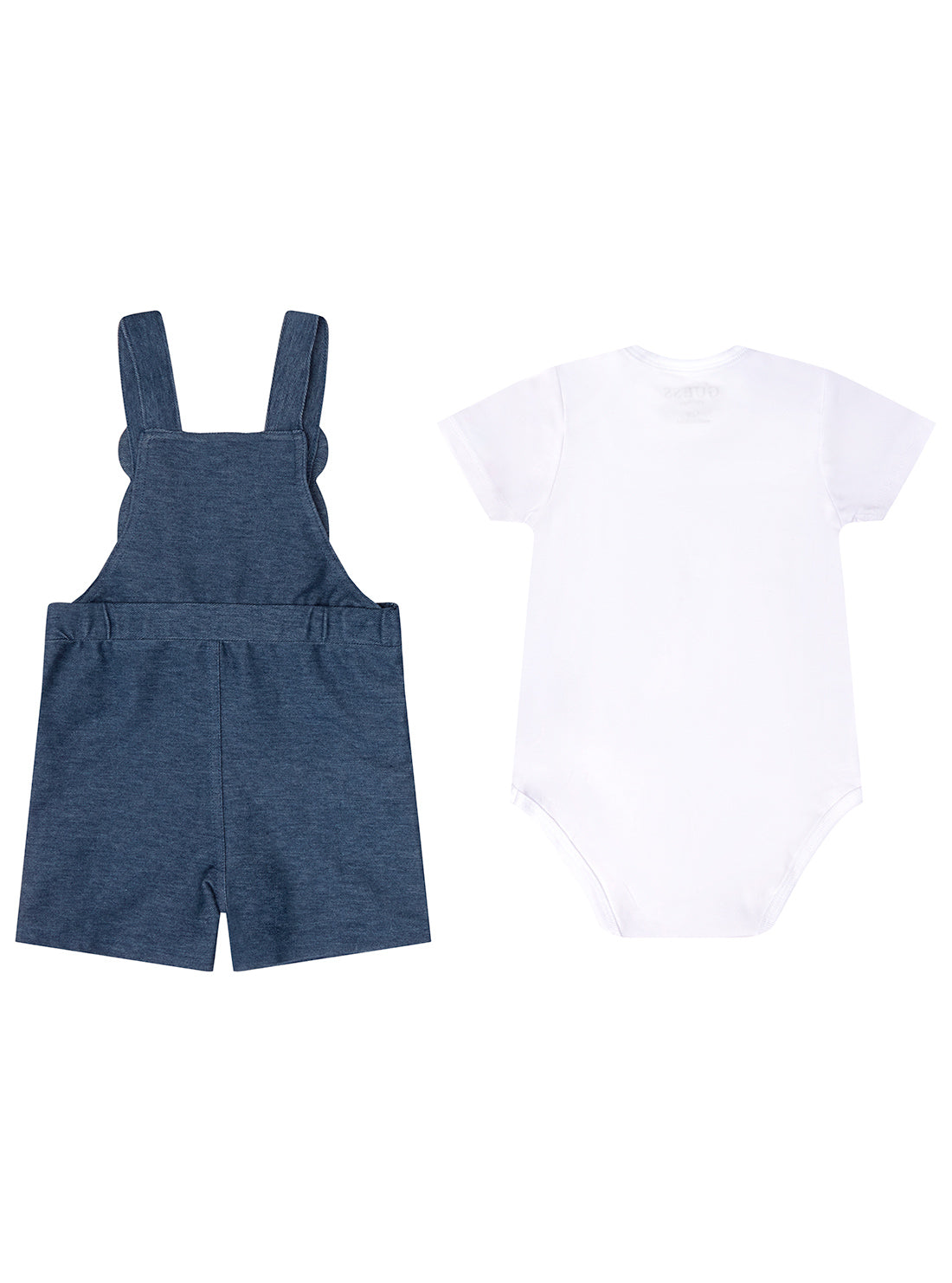 Baby's Blue Denim Teddy Bear Overalls and White Onesie back view