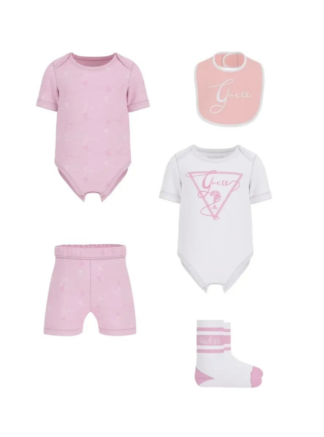 GUESS Baby Pink 5-Piece Bodysuit and Short Set (0-12m) Front View