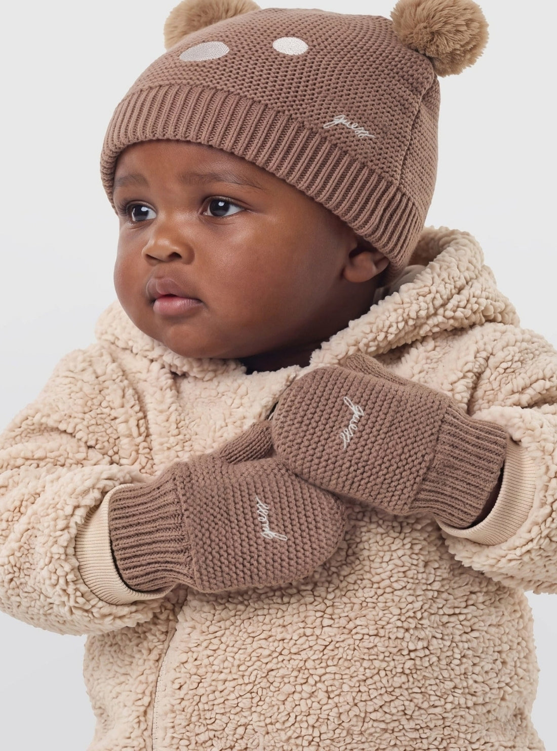 GUESS Kids Beige Bear Pom Pom Hat and Mittens Set H6BZ08Z1552 Model View3