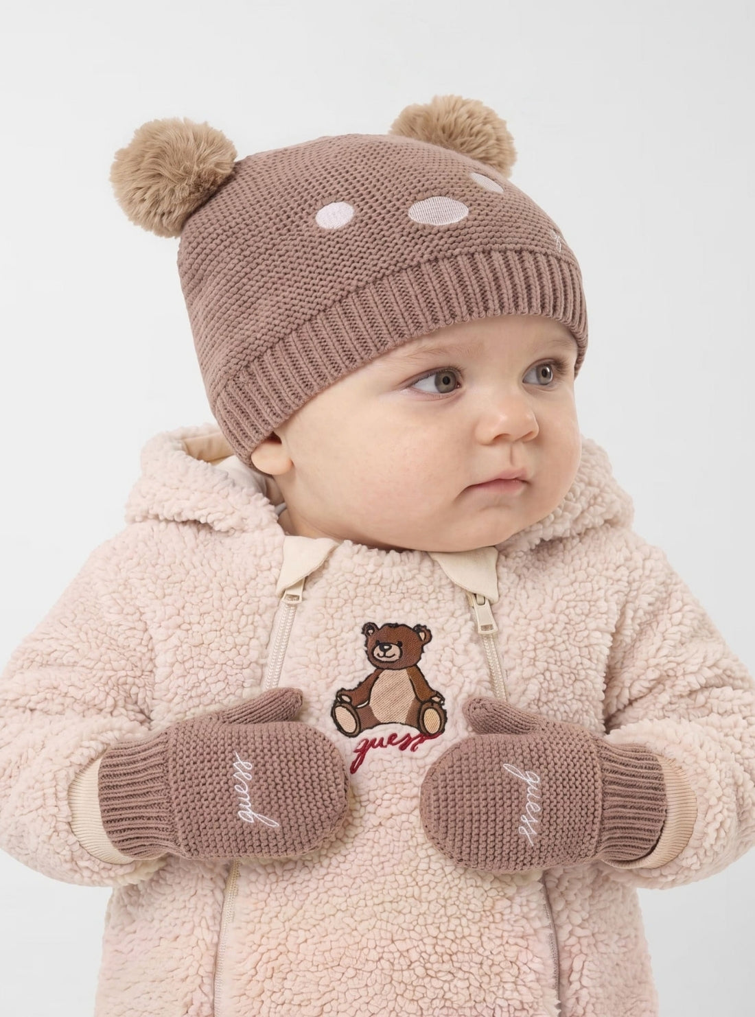 GUESS Kids Beige Bear Pom Pom Hat and Mittens Set H6BZ08Z1552 Model View2