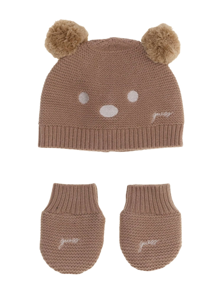 Beige Bear Pom Pom Hat and Mittens Set | GUESS