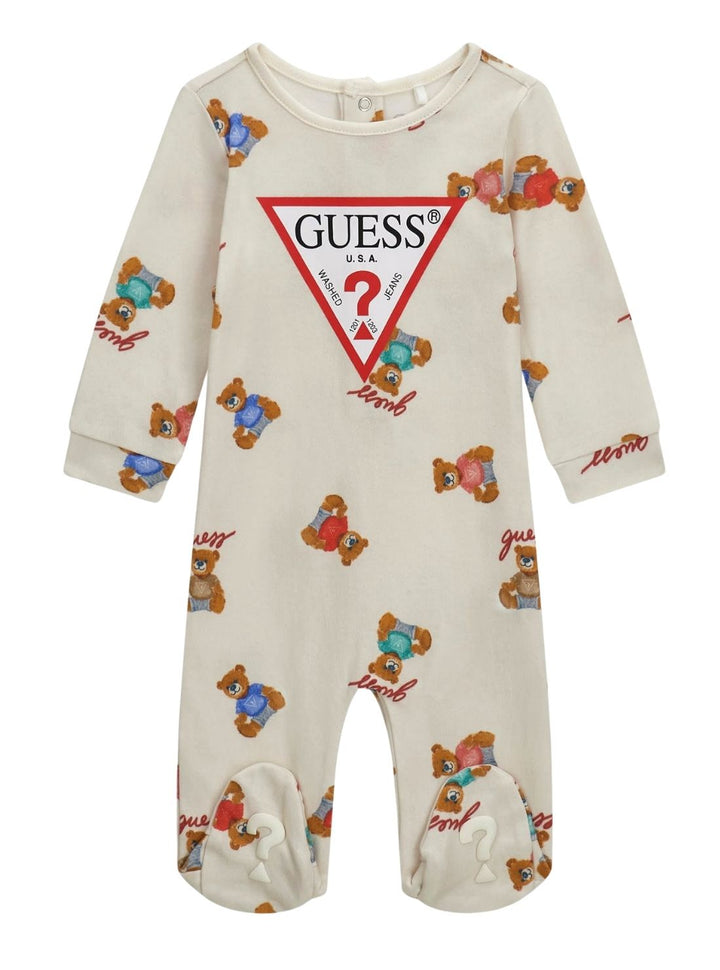 GUESS Kids Beige Bear Print Overall H6YG07K4131 Front View