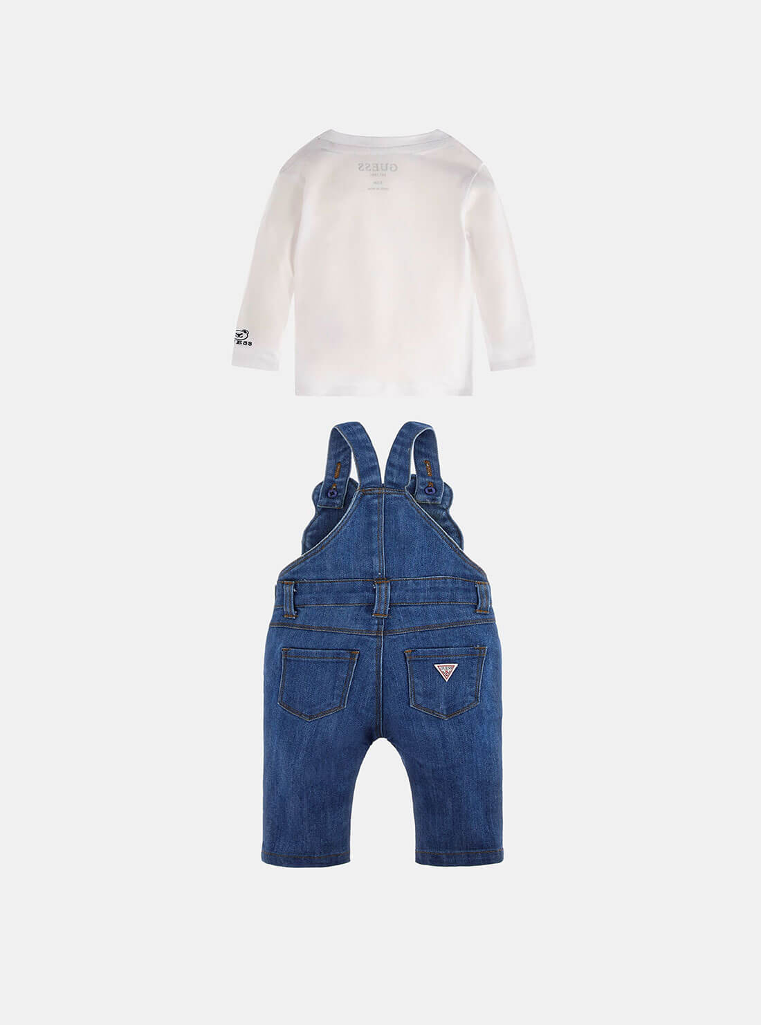 White Long Sleeve Top and Blue Denim Bear Overalls Set (3-18M) | GUESS kids | back view