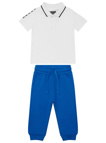GUESS Kids White Polo and Blue Active Pant Set I5YG03KAPY0 Front View
