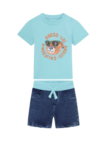 GUESS Kids Teal Surf T-Shirt and Shorts Set (3-24m) I6GG05K8HM4 Front View