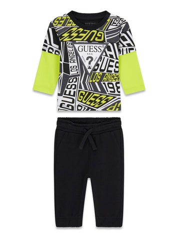 GUESS Kids Black Long Sleeve T-Shirt and Active Pants Set (0-9m) I6RG00K8HM4 Front View