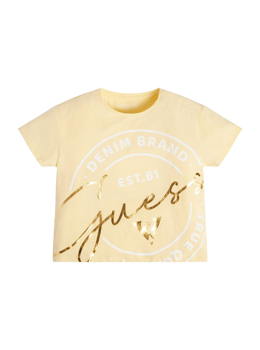 yellow and white guess shirt