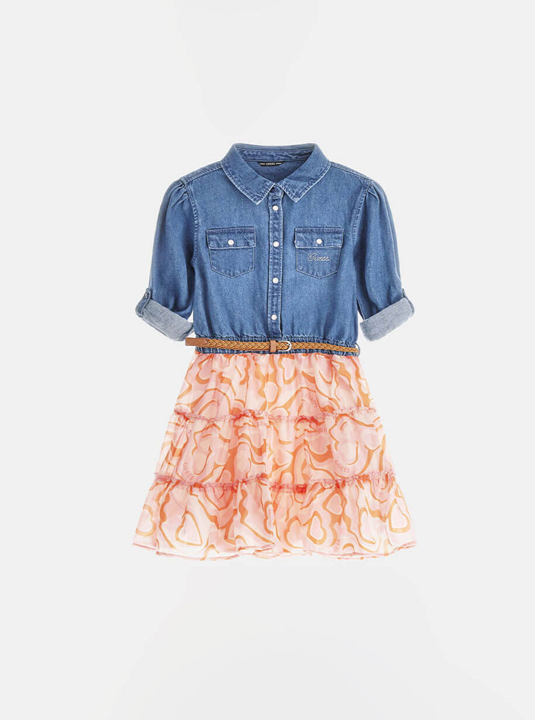 Blue Denim and Heart Print Dress (7-16) | GUESS Kids | Front view