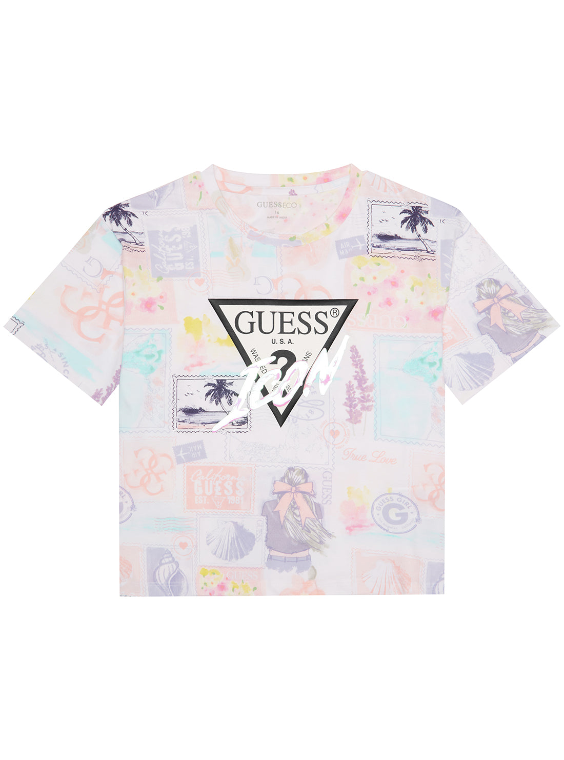 GUESS Paradise Print Short Sleeve T-Shirt (7-16) front view