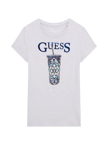 GUESS Kids White Sequin Tumbler Logo T-Shirt (7-16) J5GI08K6YW4 Front View