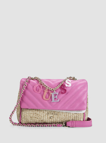 GUESS Kids Pink Straw Crossbody Flap Bag J5GZ10WH860 Front View