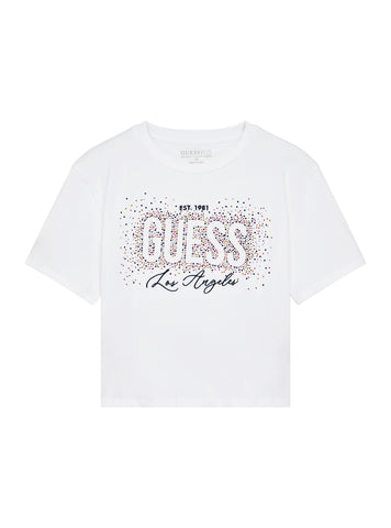 GUESS Kids White Midi Los Angeles Logo T-Shirt (7-16) J5YI23K6YW4 Front View