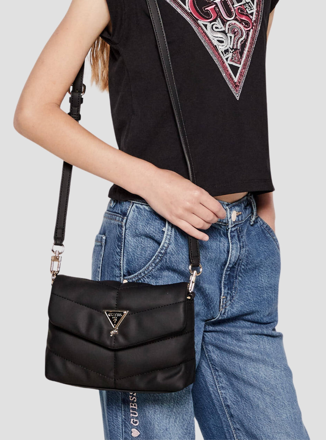 GUESS Kids Black Mini Puffy Crossbody Bag J5YZ12WGVT0 Model View