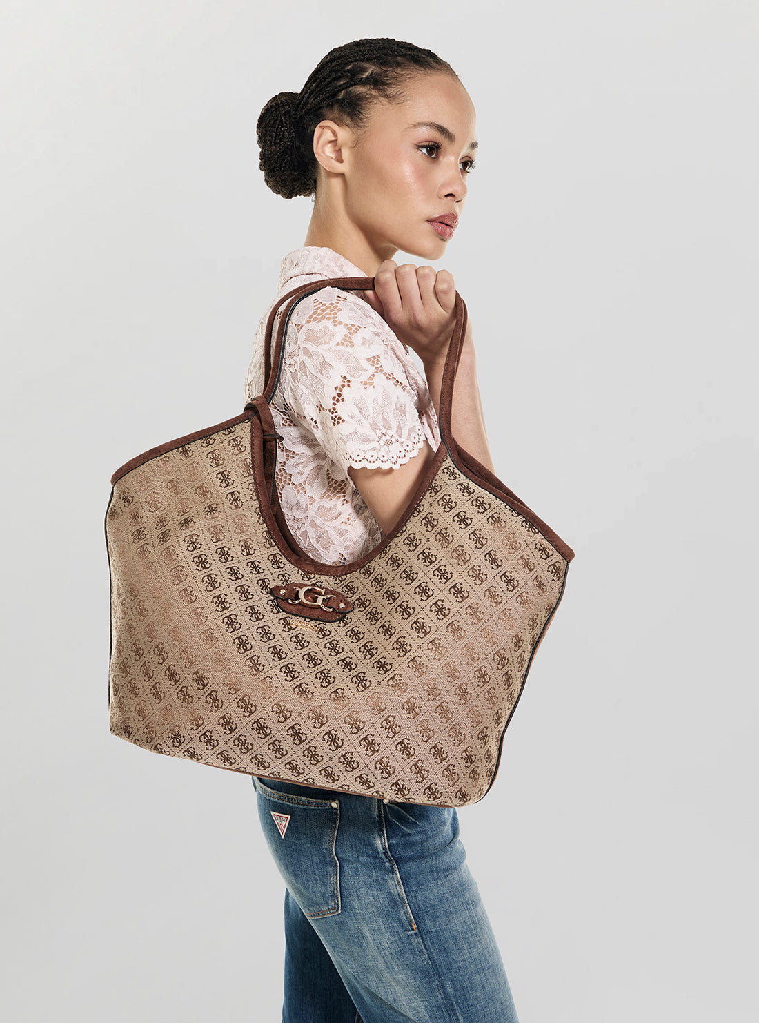 GUESS Womens Brown Logo Samantha Girlfriend Tote Bag JG231323 Model View