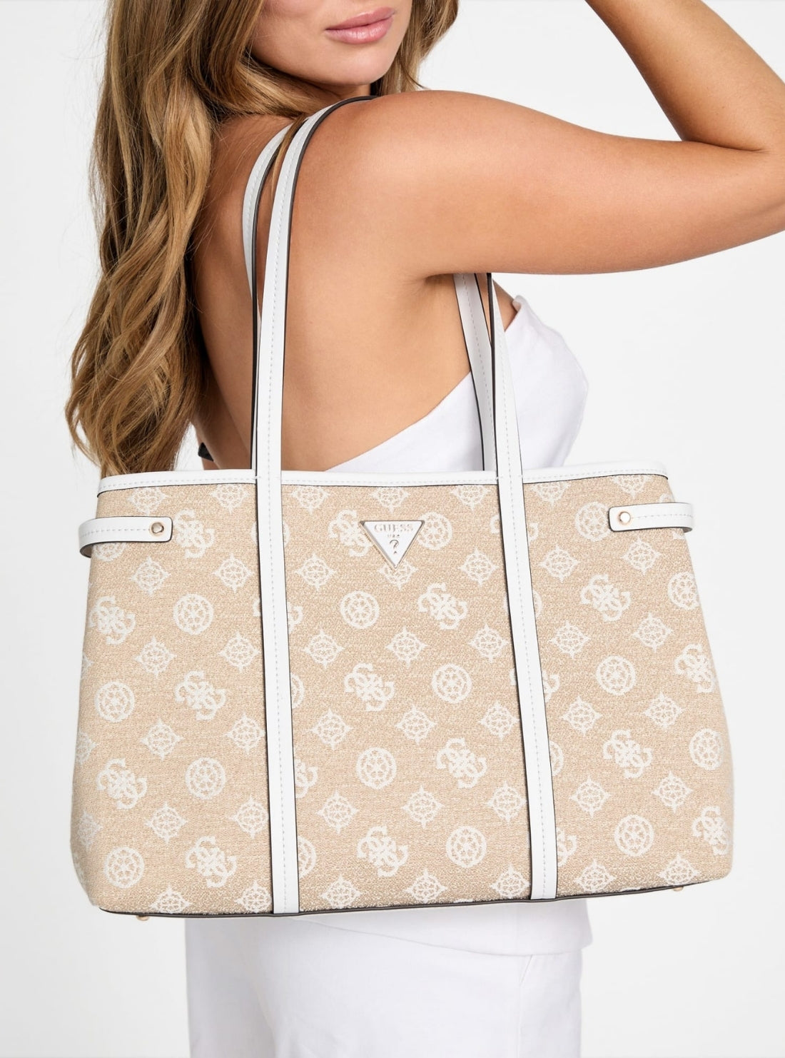 GUESS Womens Beige Logo Beyza Girlfriend Tote Bag JG962723 Model View