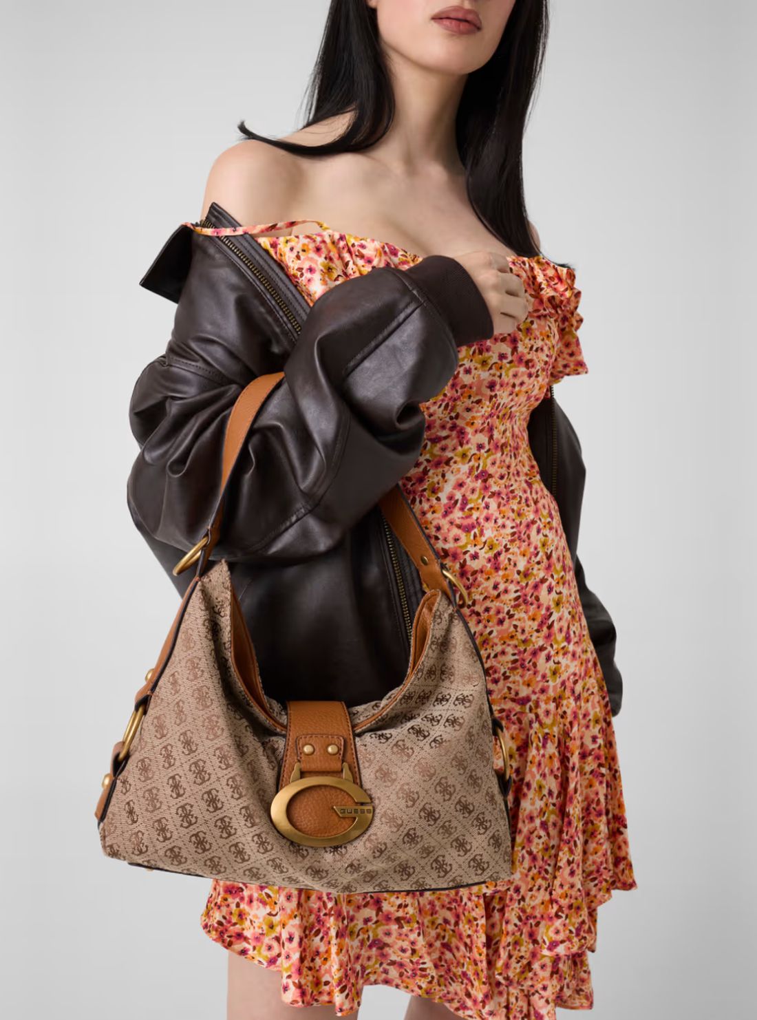 GUESS Womens Brown Logo Camden Shoulder Bag JJ930818 Model View