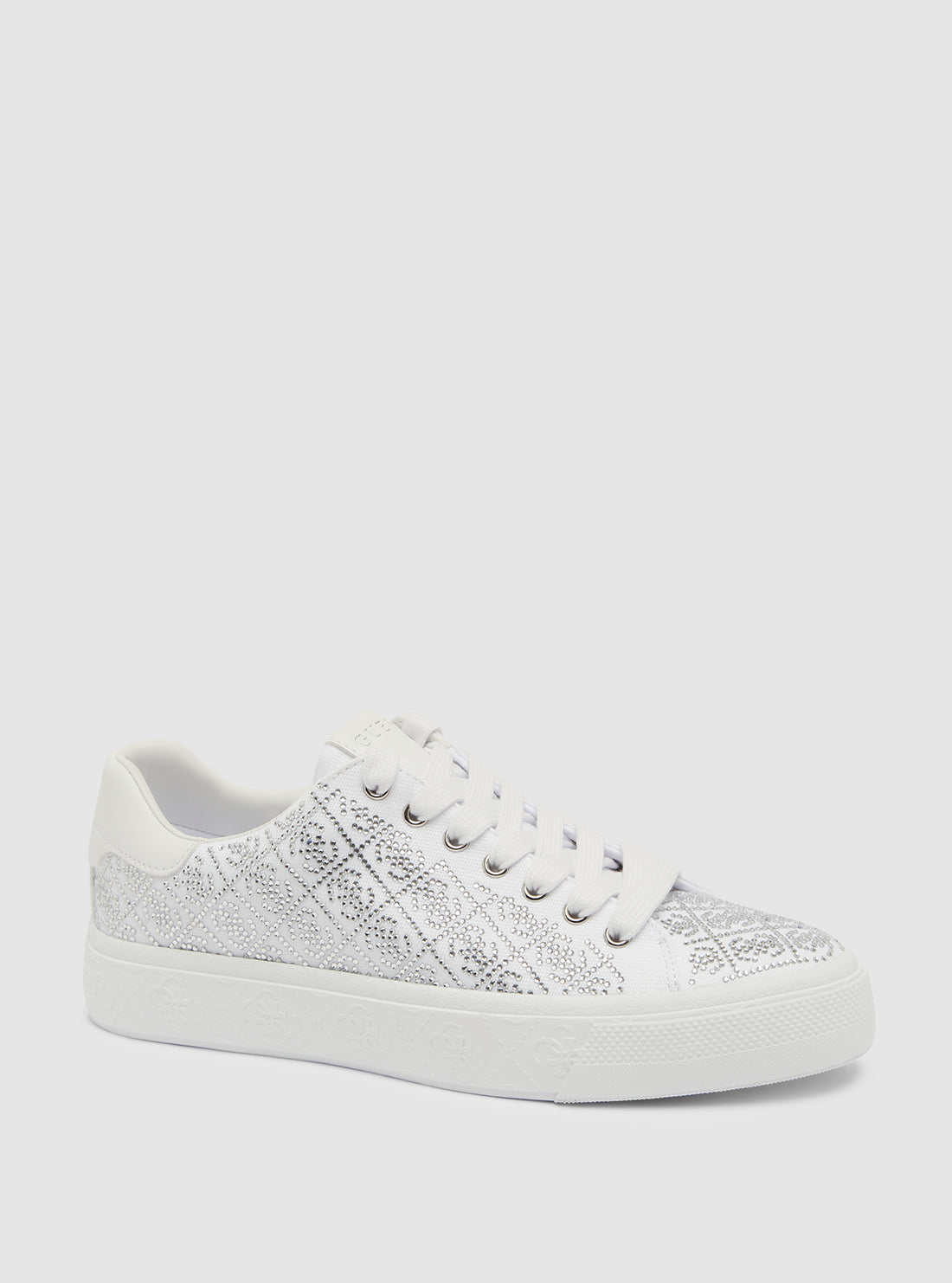 GUESS Womens Footwear White Joeraya Rhinestone Logo Sneakers JOERAYA Front Side View