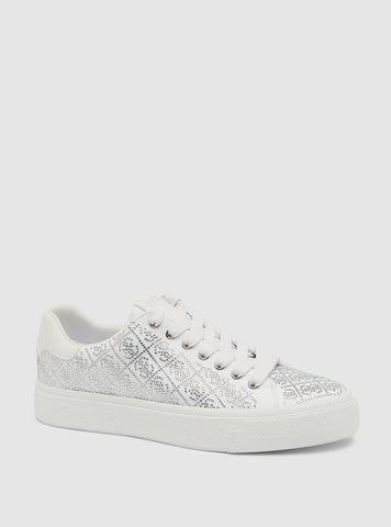 GUESS Womens Footwear White Joeraya Rhinestone Logo Sneakers JOERAYA Front Side View