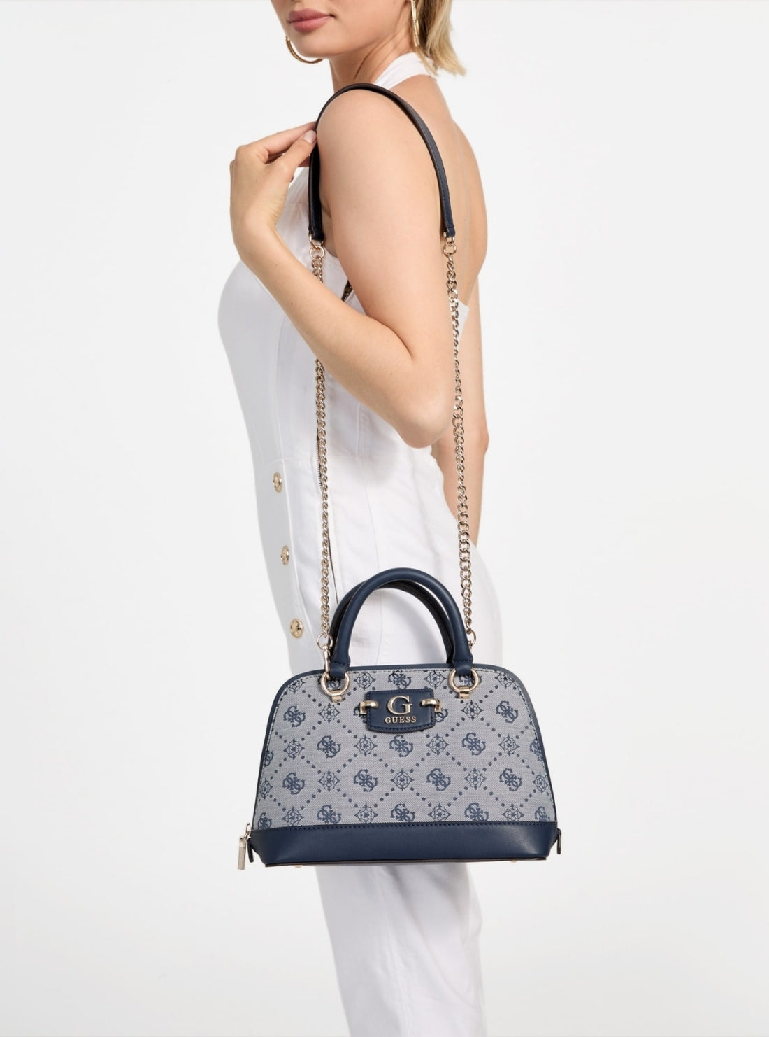 GUESS Womens Blue Logo Neda Dome Satchel JP965405 Model View