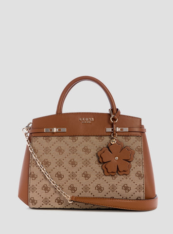 GUESS Womens Brown Logo Melinda Triple Compartment Satchel Bag JP990206 Front View