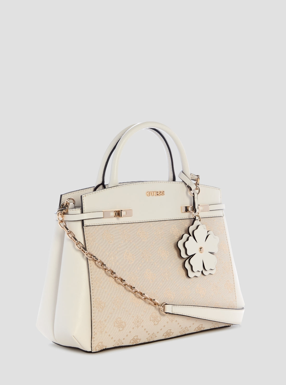 GUESS Womens White Logo Melinda Triple Compartment Satchel Bag JP990206 Front Side View