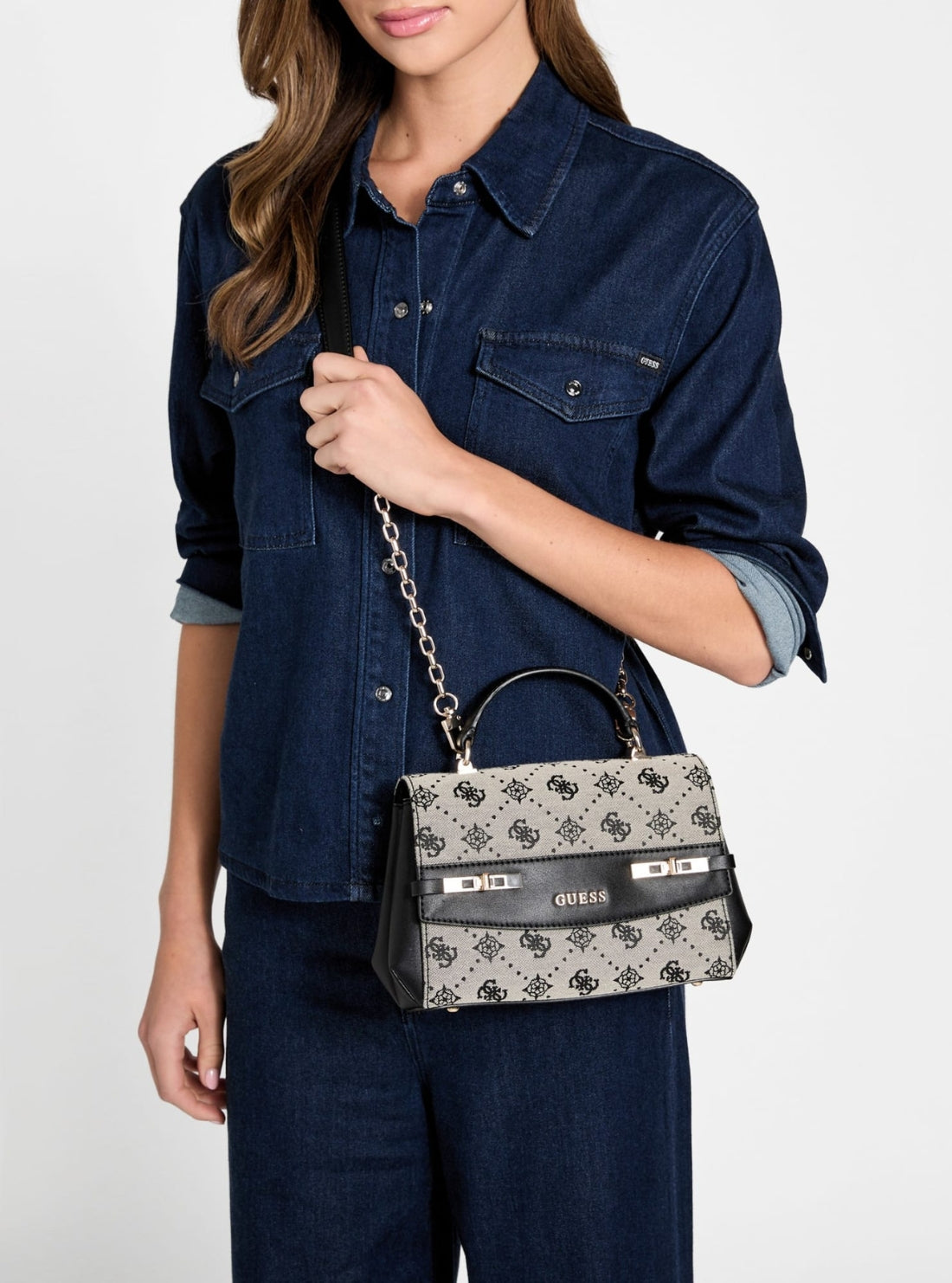 GUESS Womens Black Logo Melinda Top Handle Flap Bag JP990220 Model View