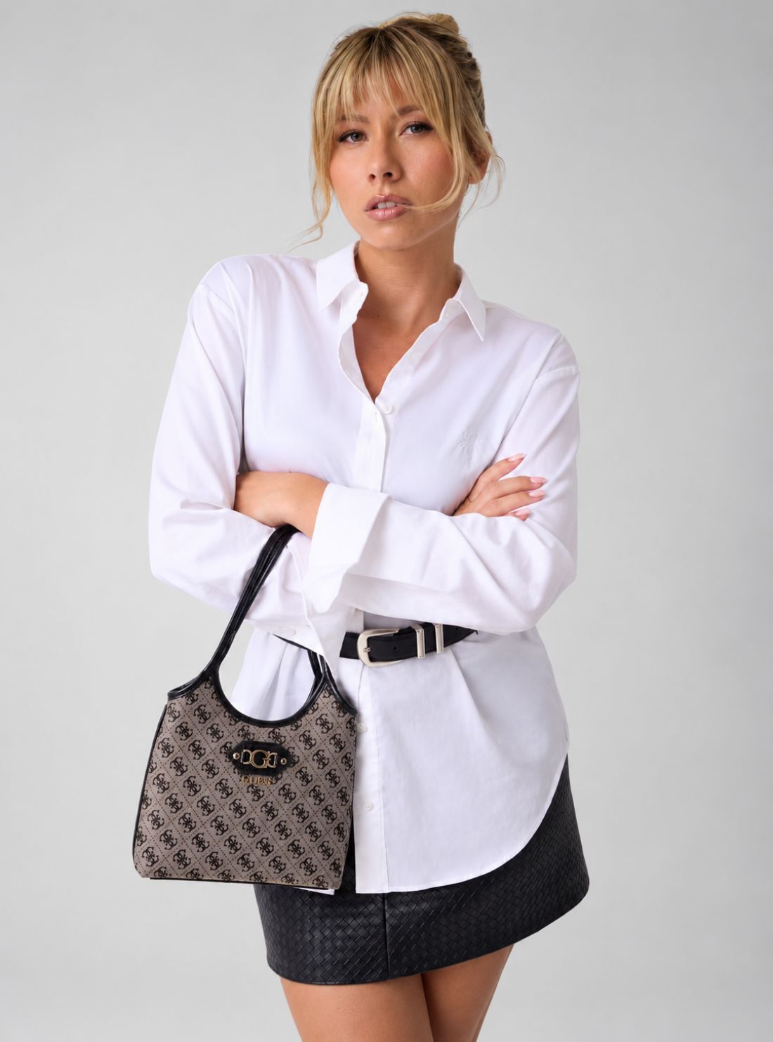 GUESS Womens Black Logo Samantha Mini Tote Bag JT231375 Model View