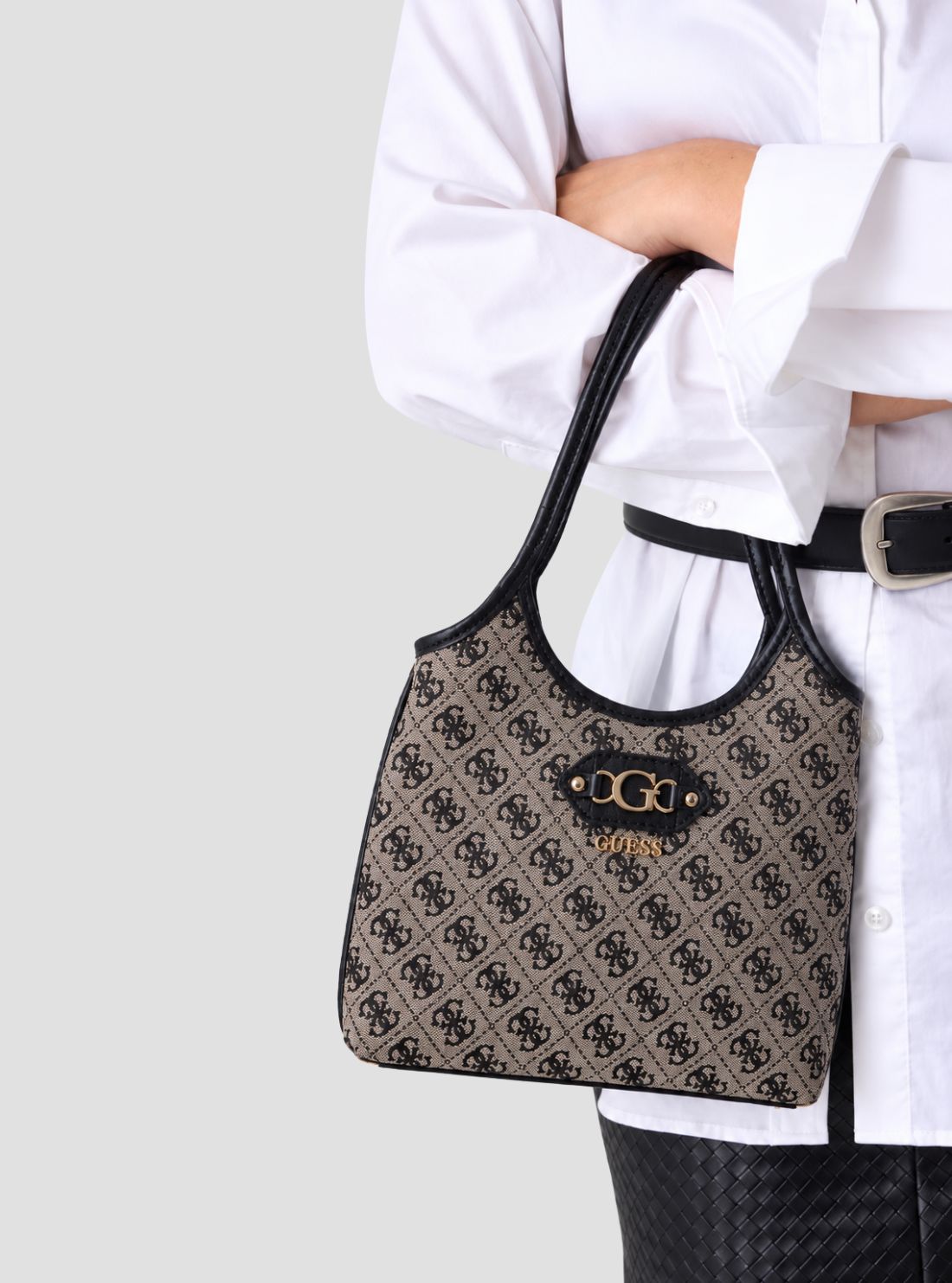 GUESS Womens Black Logo Samantha Mini Tote Bag JT231375 Model View