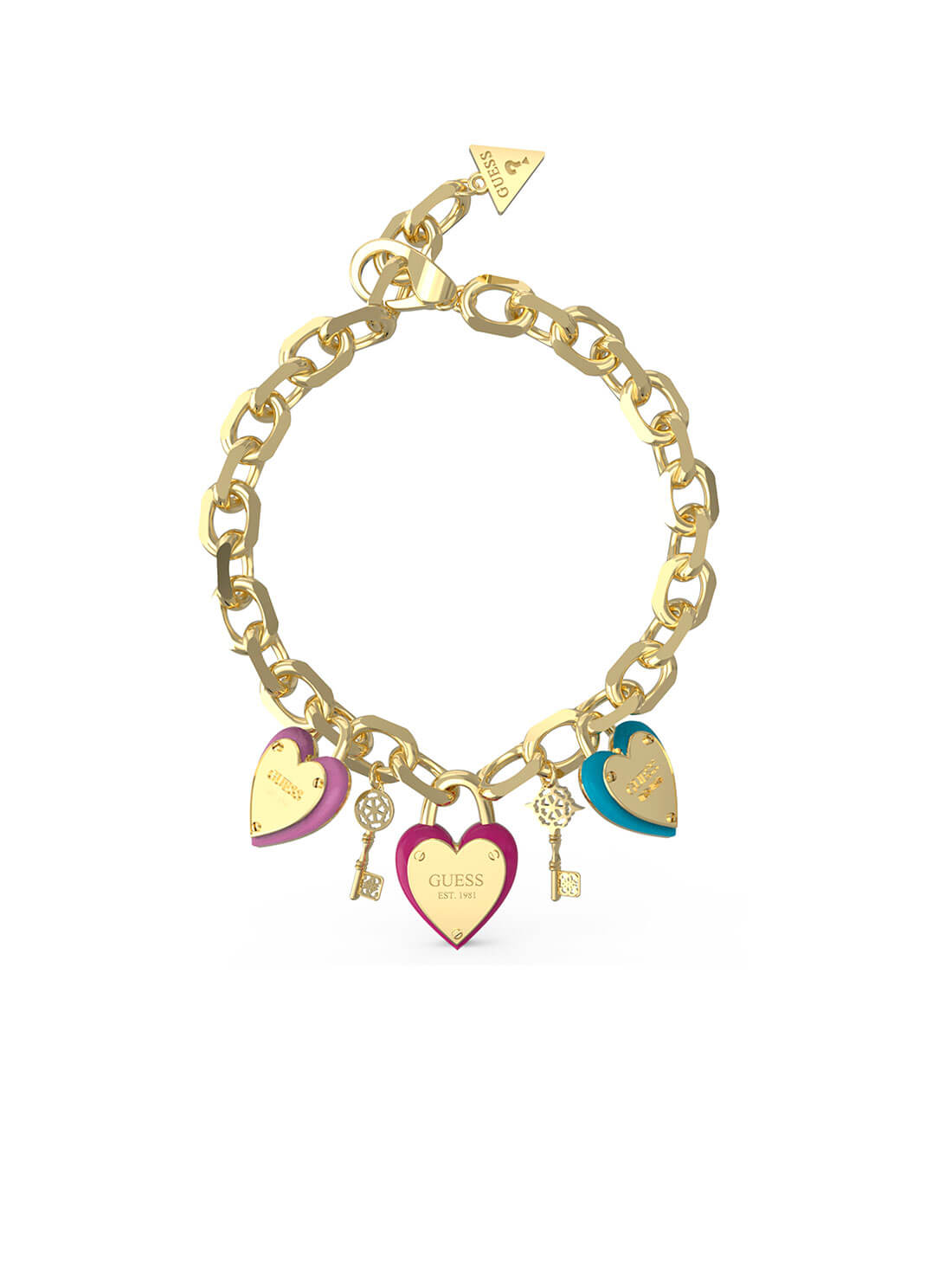 Gold All You Need Is Love Heart Charm Bracelet | GUESS Women's Jewellery | front view