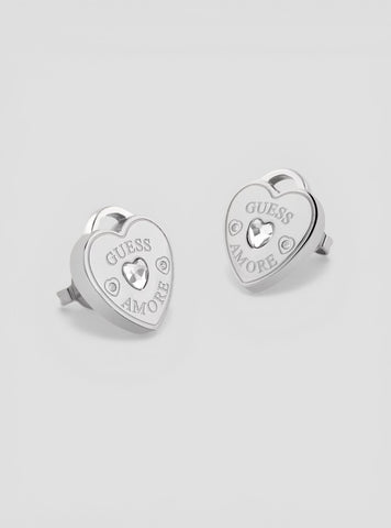 GUESS Accessories Silver Logo Heart Stud Earrings JUBE05058JWRHT Front View