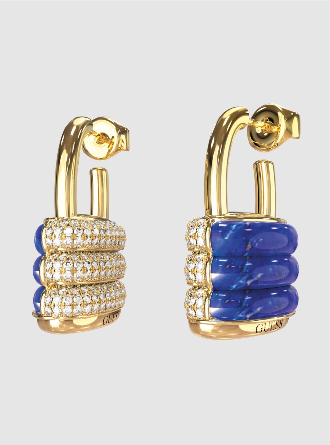 GUESS Accessories Gold Blue Pavé and Resin Padlock Earrings JUBE05412JWYG Front View