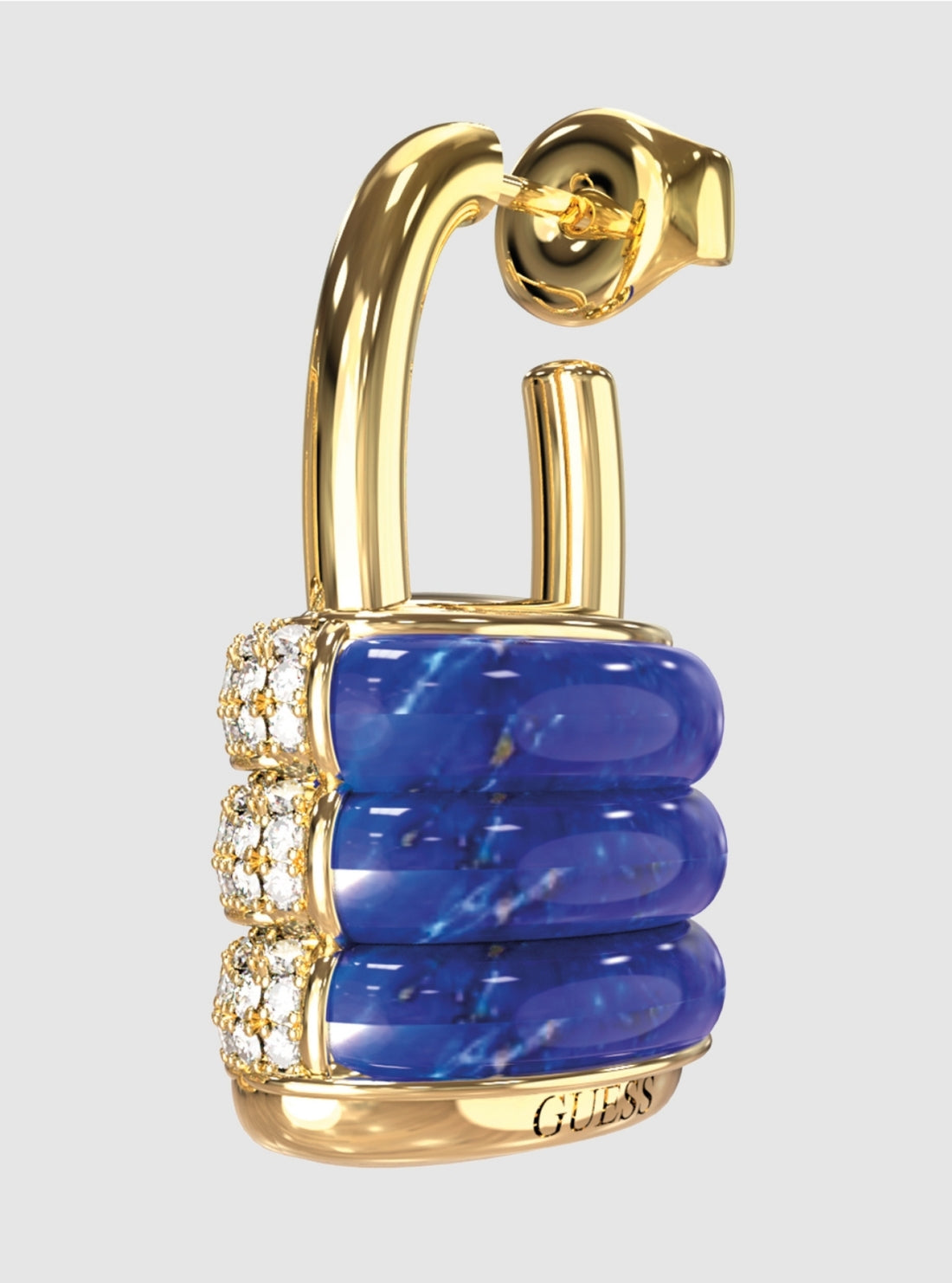 GUESS Accessories Gold Blue Pavé and Resin Padlock Earrings JUBE05412JWYG Detail View