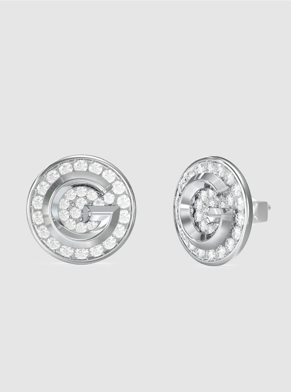 GUESS Accessories Silver G Coin Pavé Stud Earrings JUBE05448JW Front View