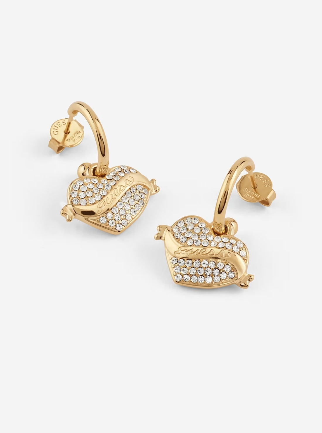 GUESS Accessories Gold Crystal Heart Pendant Earrings JUBE05477JW Front View