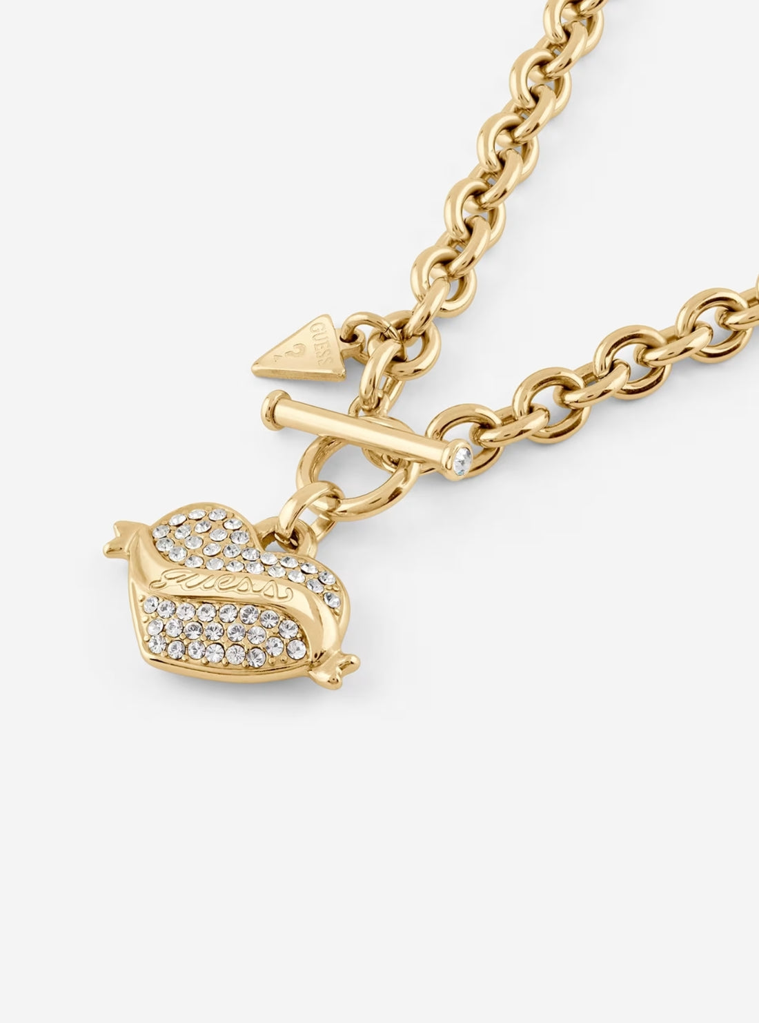 GUESS Accessories Gold Crystal Heart T-Bar Necklace JUBE05477JW Detail View