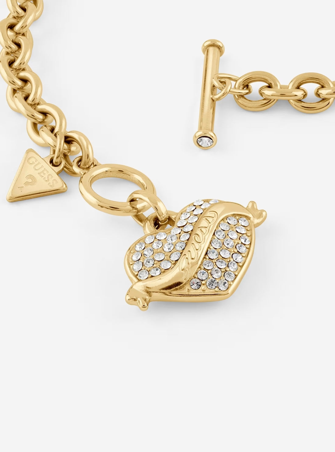 GUESS Accessories Gold Crystal Heart T-Bar Necklace JUBE05477JW Detail View