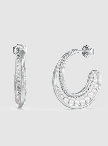 GUESS Accessories Silver Pearls Double Hoop Earrings JUBE05524JW Front View