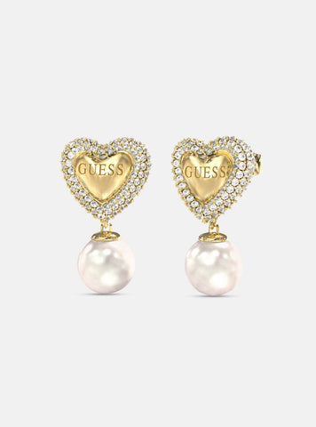 GUESS Accessories Gold Heart and Pearl Pendant Earrings JUBE06006JWYGT Front View