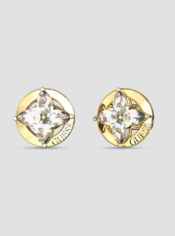 GUESS Accessories Gold Crystal Flower Stud Earrings JUBE06040JWYGWHT Front View