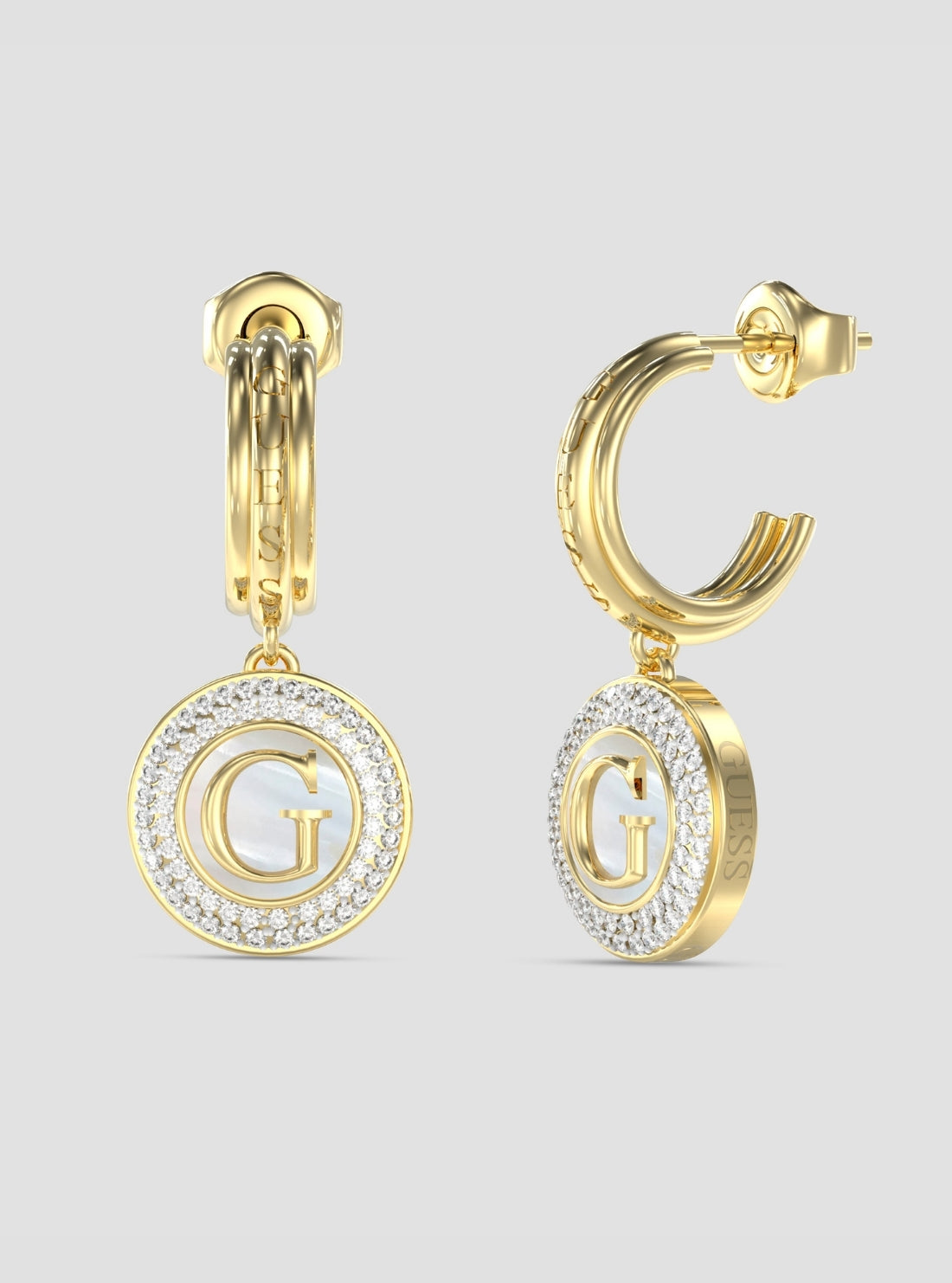 GUESS Accessories Gold Pearly G Coin Hoop Earrings JUBE06204JWYG Front View