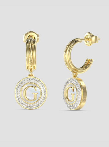 GUESS Accessories Gold Pearly G Coin Hoop Earrings JUBE06204JWYG Front View