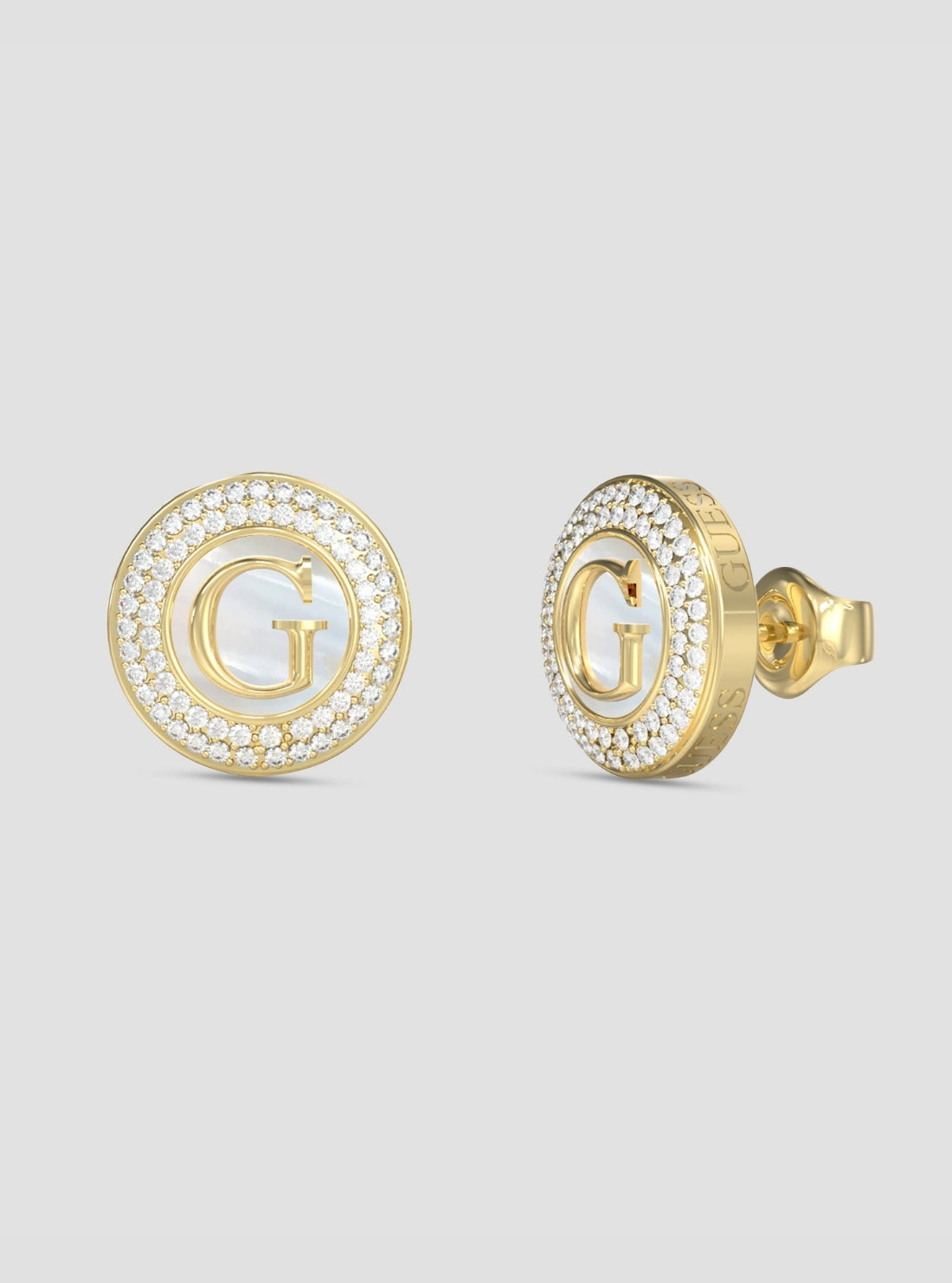 GUESS Accessories Gold Pearly G Coin Stud Earrings JUBE06205JWYG Front View