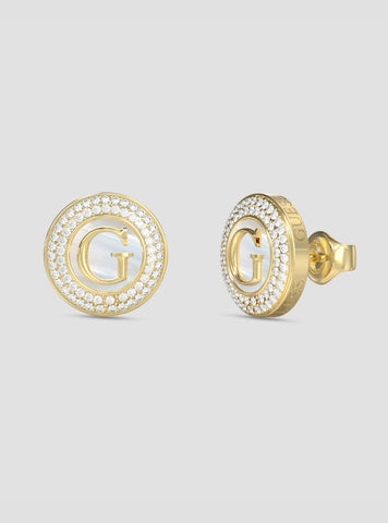 GUESS Accessories Gold Pearly G Coin Stud Earrings JUBE06205JWYG Front View