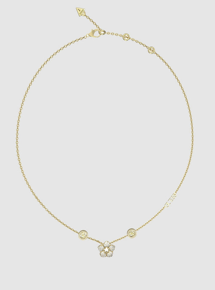 GUESS Accessories Gold 4G Logo & Pave Flower Necklace JUBN04470JWYGT Front View