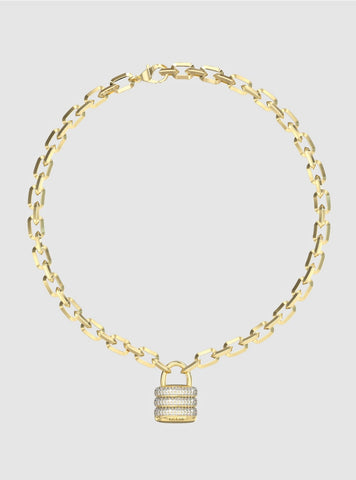 GUESS Accessories Gold Pavé Padlock Necklace JUBN05415JW Front View