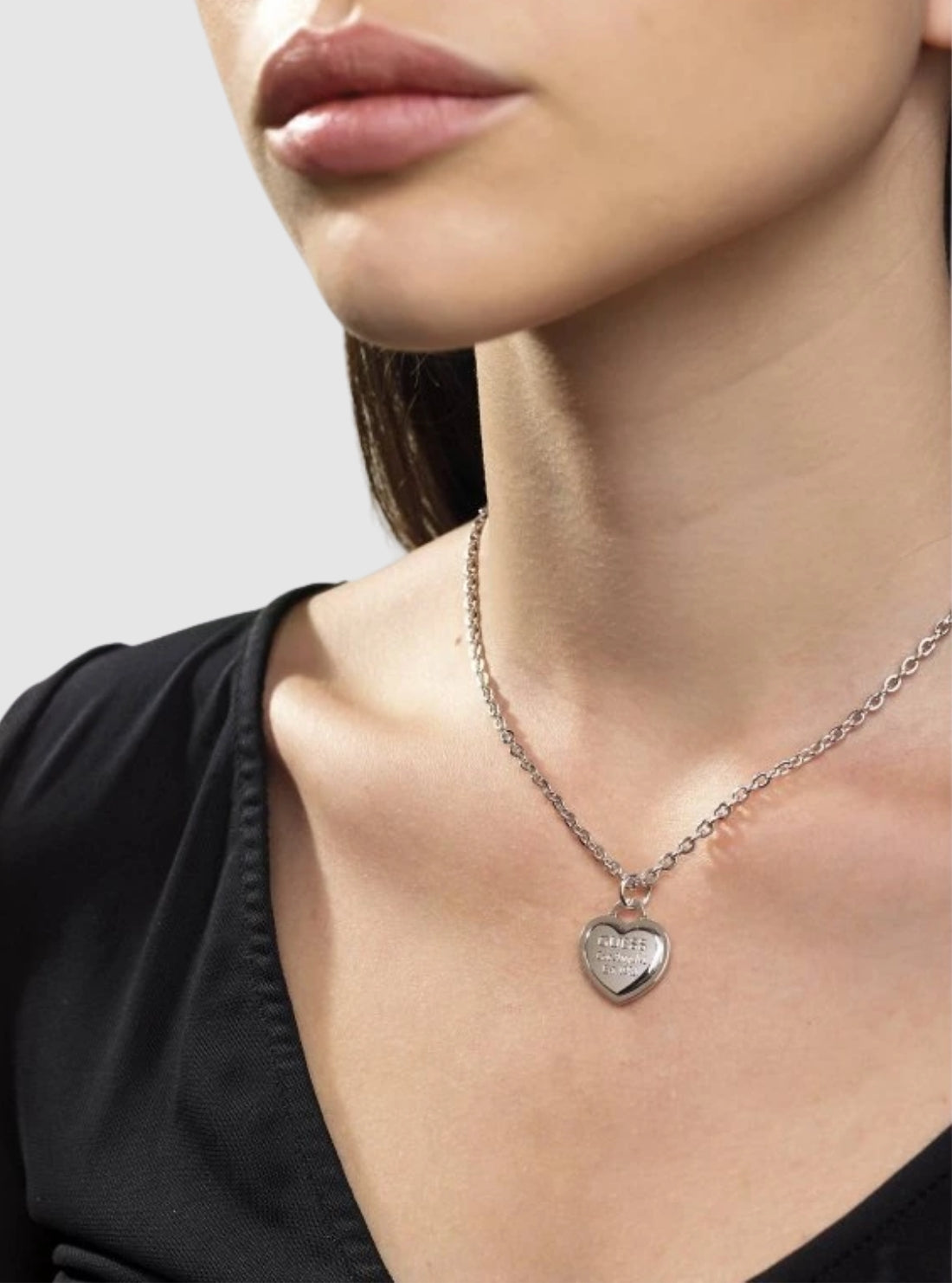 GUESS Accessories Silver Heart Pendant Necklace JUBN28011JW Model View