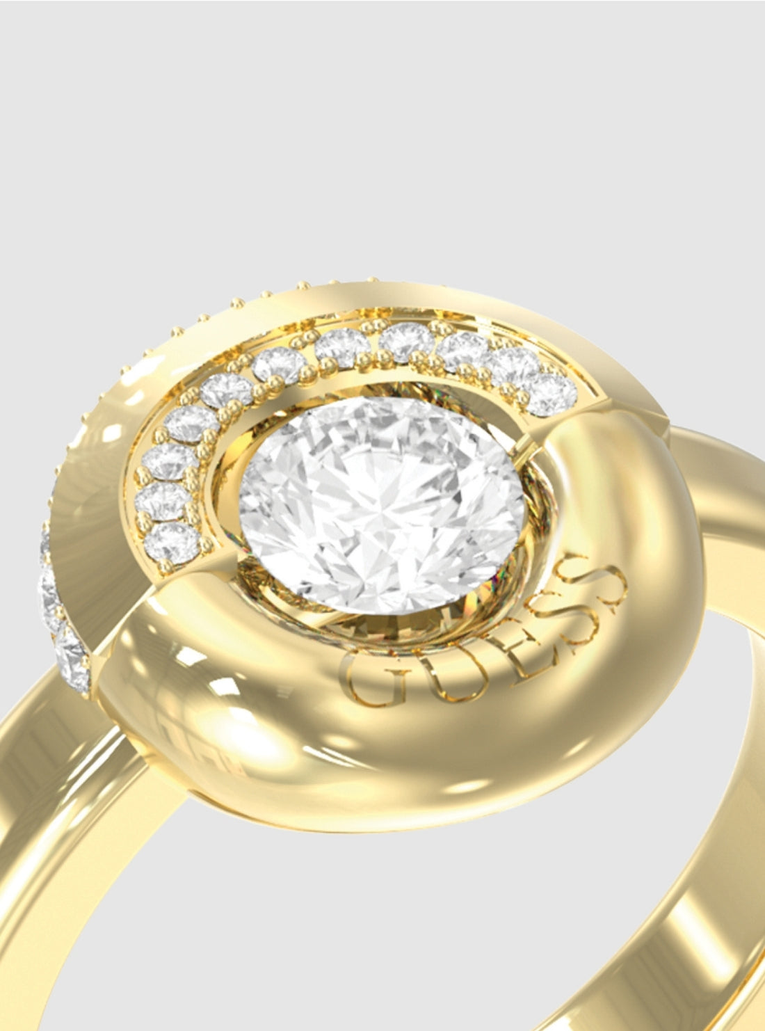 GUESS Accessories Gold Coin Pave’ Solitaire Ring JUBR05379JW Detail View