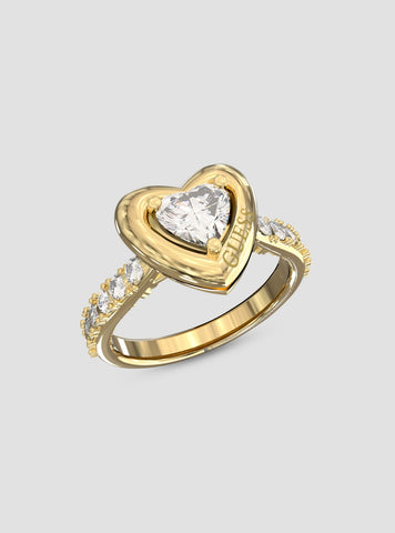 GUESS Accessories Gold Crystal Heart Solitaire Ring JUBR06018JWYG54 Front View