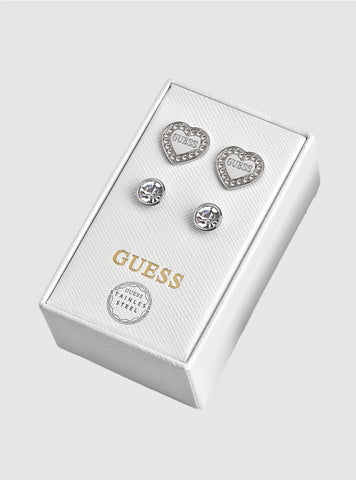 GUESS Accessories Silver Heart and Stud Earrings Set JUBS01802JW Front View