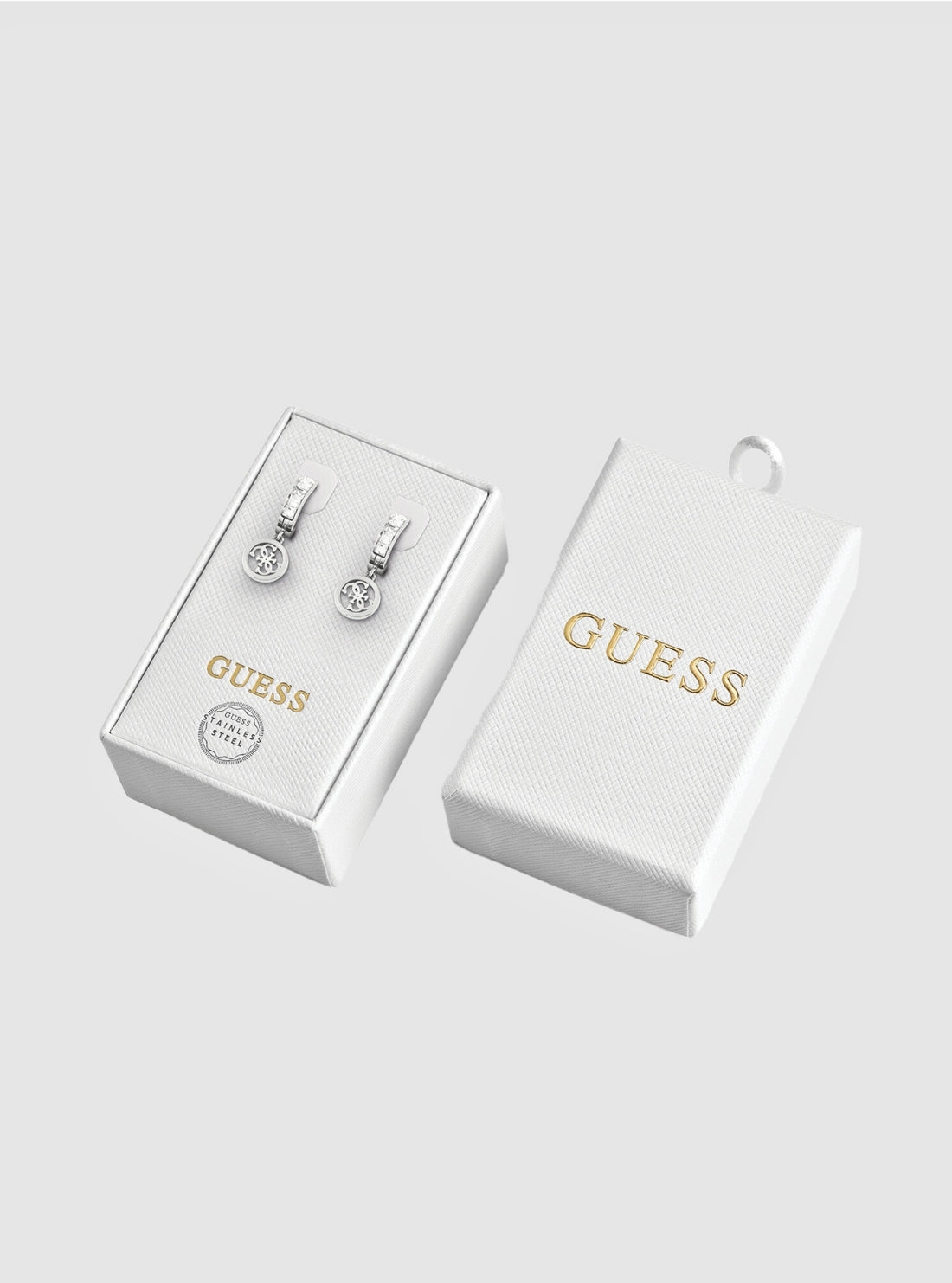 GUESS Accessories Silver Circle Logo Earrings JUBS01823JW Detail View